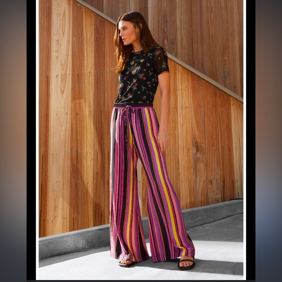 Johnny Was jade silk purple black fall striped boho Rue pant Xs wide leg $200 - Picture 1 of 7